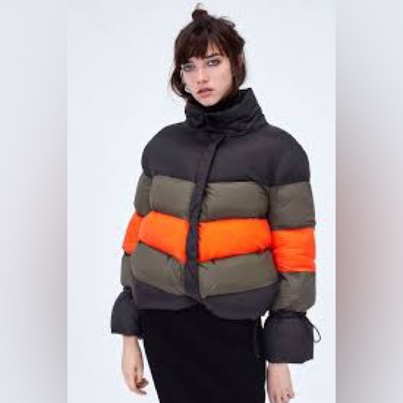 Zara short puffer coat color blocking black orange green quilted size small - Picture 3 of 16